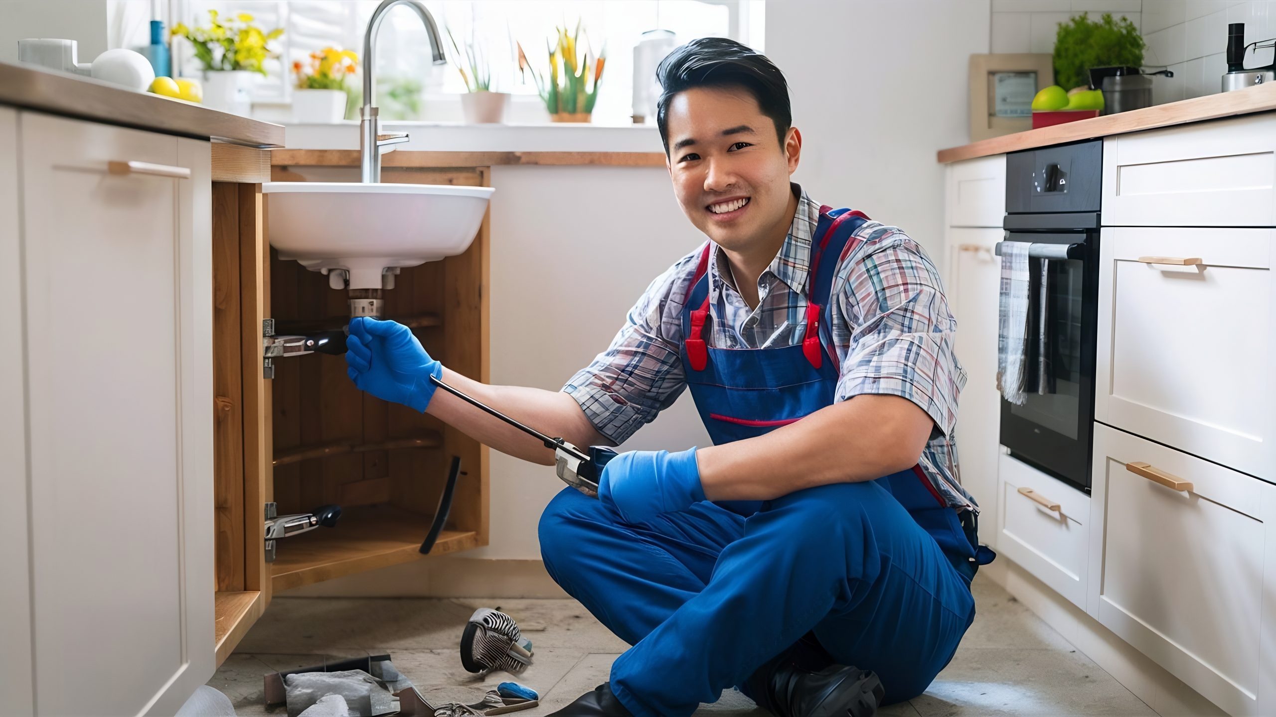 cheerful asian plumber sitting floor repairing kitchen sink scaled